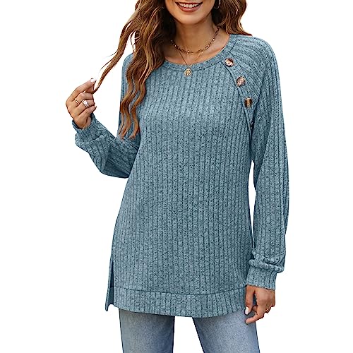 Aokosor Long Sleeve Tops Women Lightweight Jumpers Ladies Button Side Splits Tunic Blue Size 10-12