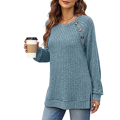 Aokosor Long Sleeve Tops Women Lightweight Jumpers Ladies Button Side Splits Tunic Blue Size 10-12