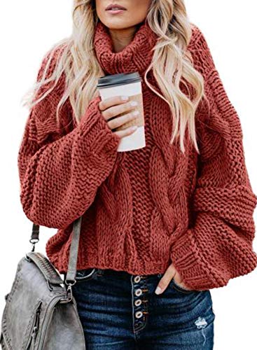 BLENCOT Women Long Sleeve Knitted Jumper Tops Thick Twisted Turtleneck Pullover Sweater , Red, 14-16