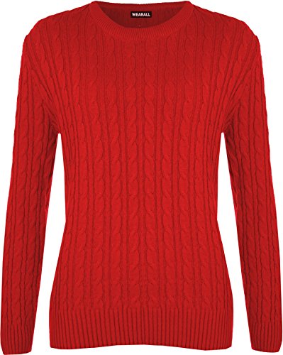 WearAll Women's Cable Knit Long Sleeve Top Ladies Jumper Sweater - Red - 12-14