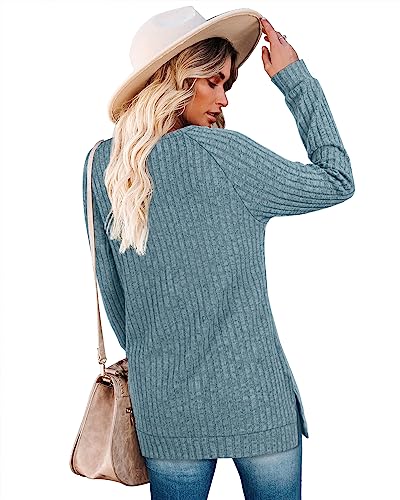 Aokosor Long Sleeve Tops Women Lightweight Jumpers Ladies Button Side Splits Tunic Blue Size 10-12