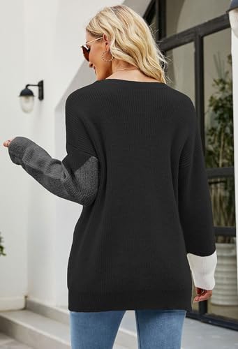 Women Long Sleeve Tops Contrast Color Jumpers Tops Casual Sweatshirts Crewneck Comfort Fashion Autumn Winter(Black,Large)