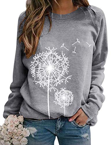 Dresswel Women Dandelion Print Sweatshirt Crew Neck Long Sleeve Tops Basic Jumper Tunic Blouse Shirts