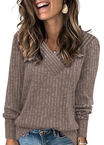 Famulily Baggy Jumpers for Women V Neck, Long Sleeve Longline Sweatshirt Lightweight Knitted Pullover Tops (M, Coffee)