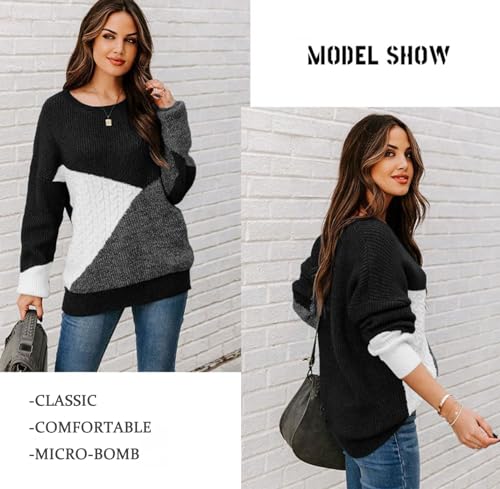 Women Long Sleeve Tops Contrast Color Jumpers Tops Casual Sweatshirts Crewneck Comfort Fashion Autumn Winter(Black,Large)