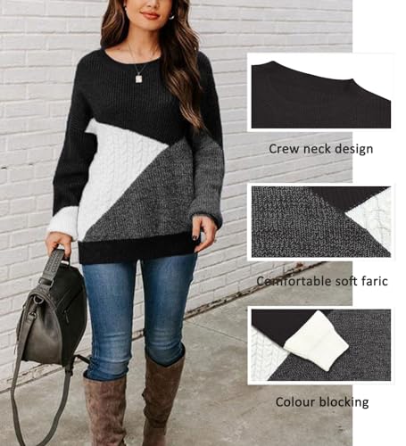 Women Long Sleeve Tops Contrast Color Jumpers Tops Casual Sweatshirts Crewneck Comfort Fashion Autumn Winter(Black,Large)