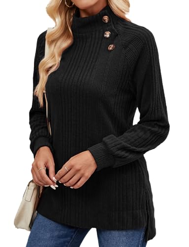 Akiooue Ladies Jumpers, Long Sleeve Tunic Tops for Women Turtleneck Knit Warm Fashion Casual Everyday Fall Casual Work Going Out Wear Pullover Sweater Black-L