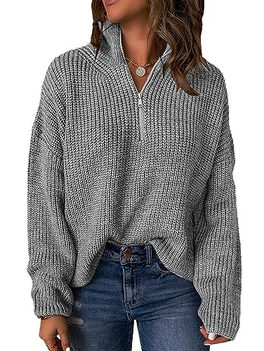 Famulily Ladies Classic 1/4 Zipper Pullover Sweaters,Long Sleeve V Neck Loose Sweater Oversized Fall Winter Jumper Clothes Tops (M, Grey)