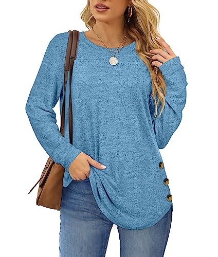 Aokosor Ladies Jumpers Women Long Sleeve Tops Side Buttons Sweatshirt Tunic Tops SkyBlue Size 18-20