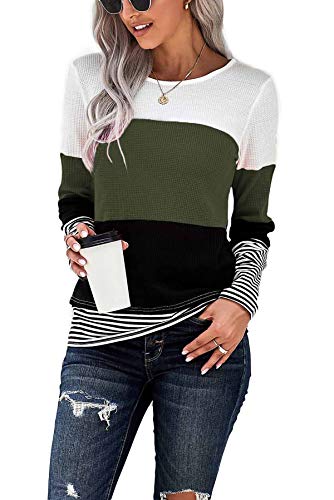 SMENG T Shirts for Womens Clothes UK Long Sleeve Jumper Patchwork Crew Neck Color Block Sweatshirts Quality Clothes Striped Pullover Green Size(uk10-12)