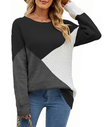 Women Long Sleeve Tops Contrast Color Jumpers Tops Casual Sweatshirts Crewneck Comfort Fashion Autumn Winter(Black,Large)