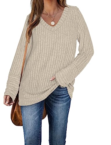 Aokosor Womens Jumpers Ladies V Neck Tops Long Sleeve Solid Color Sweatshirt Apricot Size 14-16