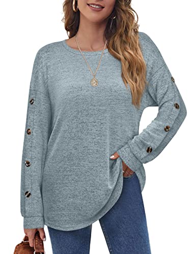 Aokosor Womens Long Sleeve Tops Ladies Loose Jumpers Button Sleeve Sweatshirt Curved Hem Light Blue Size 18-20