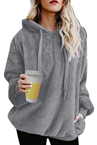 UMIPUBO Womens Sweatshirt Fuzzy Casual Loose Velvet Sweater Long Sleeve Teddy Fleece Hoodies with Pockets Hoodie Drawstring Pullover Jumpers outwear coat for women(Dark Grey, XL)
