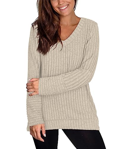 Aokosor Womens Jumpers Ladies V Neck Tops Long Sleeve Solid Color Sweatshirt Apricot Size 14-16