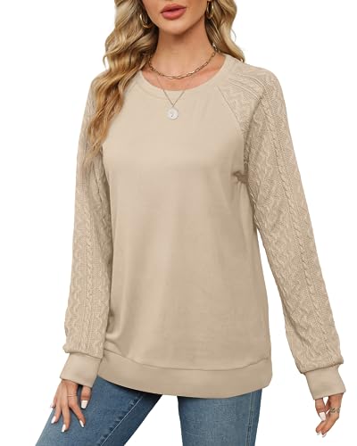 Aokosor Ladies Jumpers Cable Knit Sweatshirts for Women Lightweight Long Sleeve Tops Beige Size 14-16