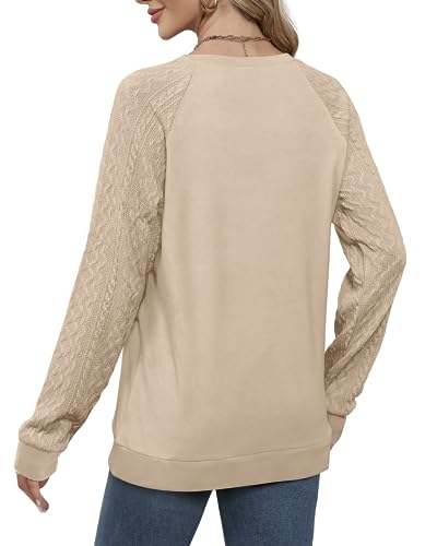 Aokosor Ladies Jumpers Cable Knit Sweatshirts for Women Lightweight Long Sleeve Tops Beige Size 14-16