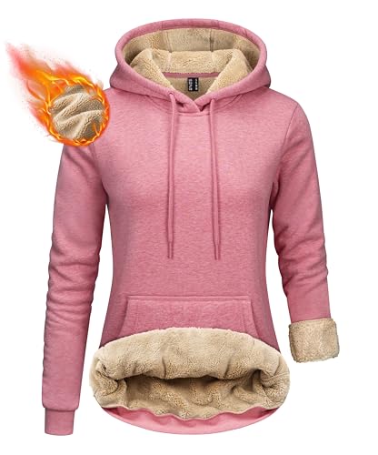 TACVASEN Ladies Pullover Hoodie Fleece Lined Sweatshirt Winter Sports Pullover Jackets Classic Hoodies Pink