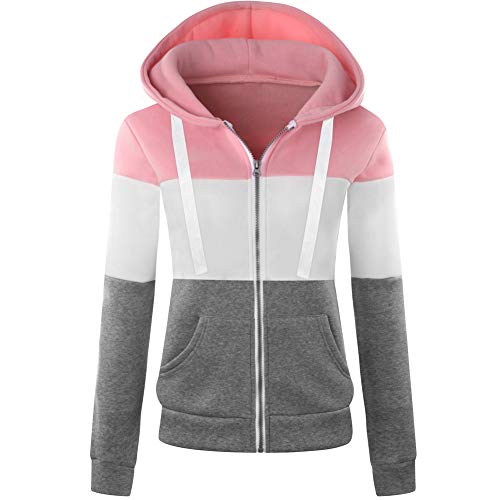 Newbestyle Hoodies for Women Color Block Hooded Sweatshirt Basic Zip-Up Jersey Jacket Long Sleeve Top with Pockets Plus Size Pink X-Large