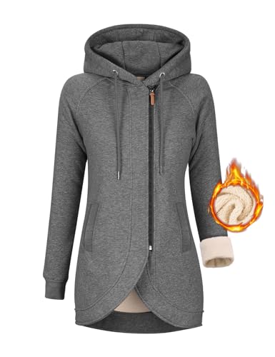 Voqeen Womens Hoodie Fleece Winter Jackets Zip Up Long Hoodies Warm Hooded Sweatshirts Sherpa Coat Long Sleeve with Pockets Casual Jumper Outwear for Ladies