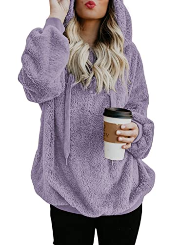 Aleumdr Womens Colorblock Oversize Furry Hoodie with Pocktes Outwear Hoody L-Dark Purple