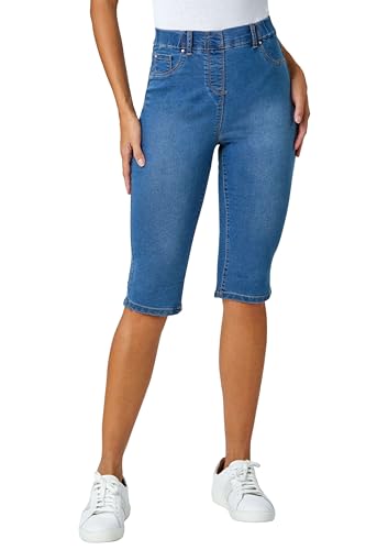 Roman Originals Knee Length Jeggings for Women Ladies Stretch Denim Shorts Jeans Cropped Trouser Capri Pants Summer Cotton Legging Pedal Pusher Legged Crop Spring Cutoff Work - Denim - Size 14