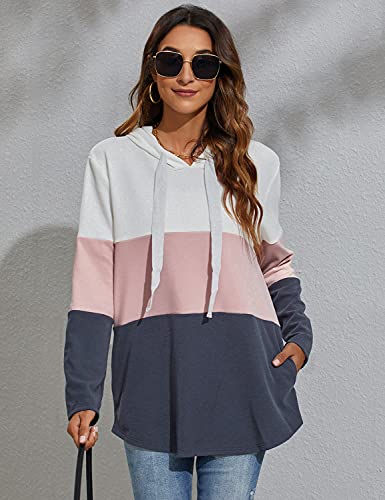 Blooming Jelly Womens Striped Hoodies Color Block Long Sleeve Tunic Sweatshirt Drawstring Jumper Tops with Pockets Pink