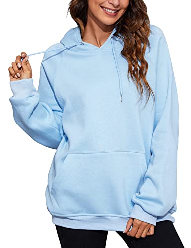 heekpek Womens Hoodie Sweatshirts Casual Long Sleeve Pullover Tops Ladies Drawstring Hooded Oversized Sweater Loose Blouse Plain Jumper with Pockets Round Neck Autumn Winter(Blue-1,M)