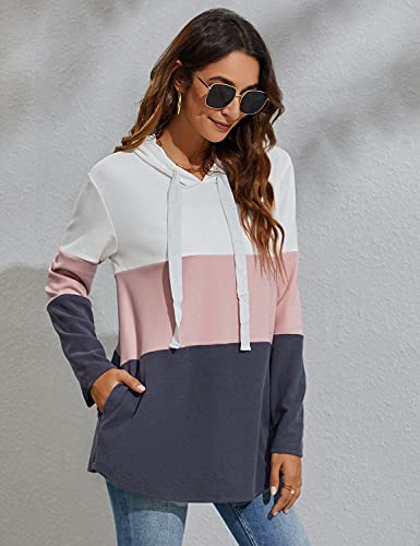 Blooming Jelly Womens Striped Hoodies Color Block Long Sleeve Tunic Sweatshirt Drawstring Jumper Tops with Pockets Pink