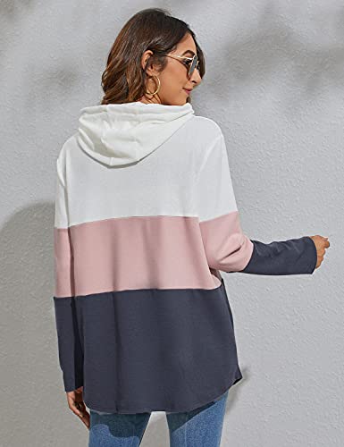 Blooming Jelly Womens Striped Hoodies Color Block Long Sleeve Tunic Sweatshirt Drawstring Jumper Tops with Pockets Pink