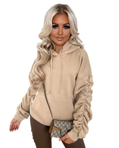 Ruched Sleeve Hoodie Womens Plain Fleece Hooded Top Front Pockets Soft Warm Loose Fit Stretchy Stylish Sweatshirts Pullover Ladies Plus Sizes Long Sleeve Winter Hoodies Tops For Women UK 4-14