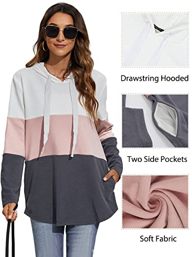 Blooming Jelly Womens Striped Hoodies Color Block Long Sleeve Tunic Sweatshirt Drawstring Jumper Tops with Pockets Pink