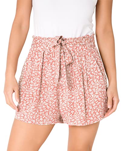 KRISP Women Tie Belted Waist White Flower Print Shorts (Pink White Flower, M) 11092-PNK-M