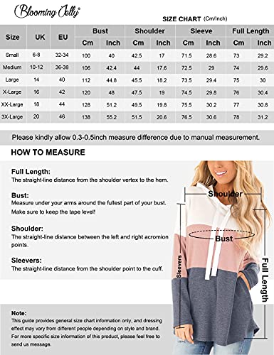 Blooming Jelly Womens Striped Hoodies Color Block Long Sleeve Tunic Sweatshirt Drawstring Jumper Tops with Pockets Pink