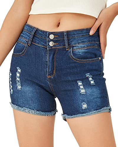 PHOENISING Women's Comfy Stretchy Fabric Denim Shorts Curvy Regular Fit Jeans, Size 6-20 Dark Blue