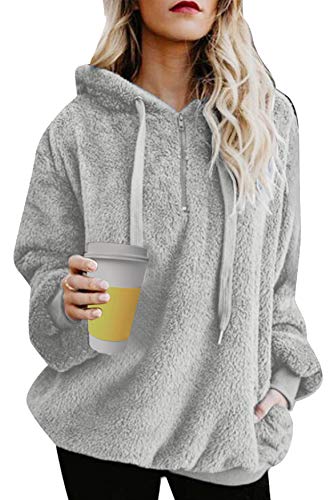 UMIPUBO Womens Sweatshirt Fuzzy Casual Loose Velvet Sweater Long Sleeve Teddy Fleece Hoodies with Pockets Hoodie Drawstring Pullover Jumpers Outwear Coat for Women, Light Grey, M