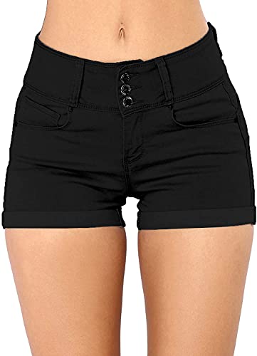 KISSMODA Women's High Waisted Denim Shorts Ripped Hem Frayed Distressed Short Jeans Black Medium