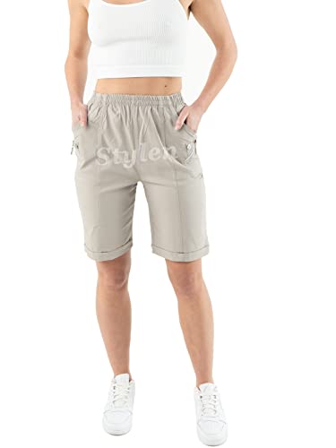 Shorts for Womens UK Pockets Lightweight Elasticated Holidays Easy Care Ladies Travelling Pull on Comfy Lounge Shorts Plus Size (14, Beige (Shorts)