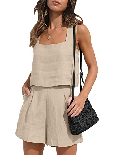 Springcmy Women 2PCS Outfits Cotton Linen Shorts Sets Sleeveless Tank Top and Shorts with Pocksets Summer Beach Lounge Y2K Streetwear (A-Khaki, L)