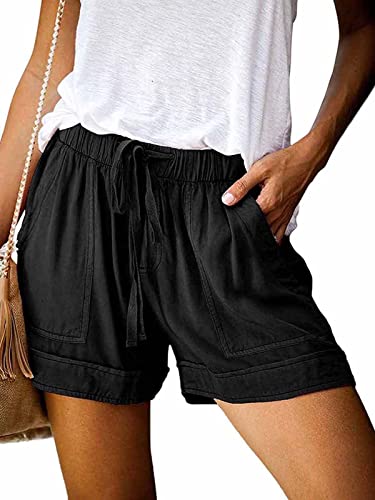comefohome Womens Drawstring Shorts Summer Cotton Elastic Waist Solid Color Casual Shorts UK with Pockets Black L