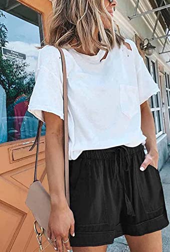 comefohome Womens Drawstring Shorts Summer Cotton Elastic Waist Solid Color Casual Shorts UK with Pockets Black L