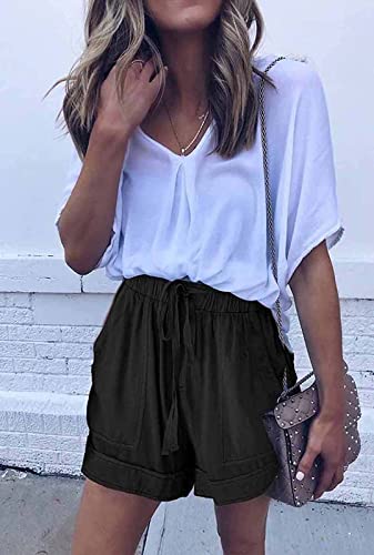 comefohome Womens Drawstring Shorts Summer Cotton Elastic Waist Solid Color Casual Shorts UK with Pockets Black L