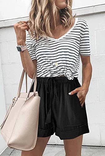 comefohome Womens Drawstring Shorts Summer Cotton Elastic Waist Solid Color Casual Shorts UK with Pockets Black L
