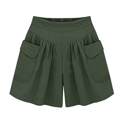 Women Summer Loose Casual Shorts Culottes Elastic Waist Wide Leg Shorts with Pockets (UK 20/Tag 5XL) Army Green
