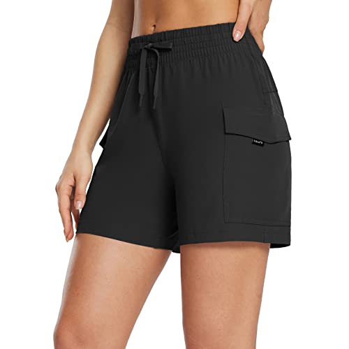 BALEAF Women's Hiking Cargo Shorts 5" Quick Dry Lightweight Travel Athletic Golf Shorts with Pockets Water Resistant Black L
