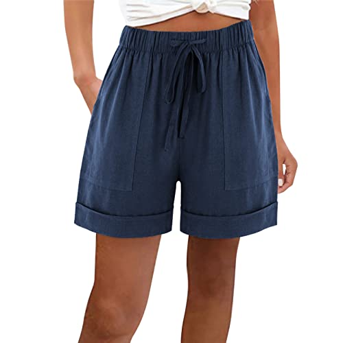 AMhomely Summer Shorts for Women UK Plus Size with Pocket Elastic High Waist Cotton Linen Shorts Solid Wide Legs Shorts Drawstring Shorts Straight Legs Tracksuit Bottoms Ladies Beach Shorts Navy 3XL