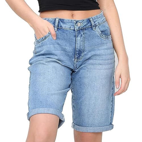 NOROZE Women's Ladies Knee Length Denim Stretchy Bermuda Shorts Contrast Turn Up Cropped Jean Shorts Denim Capri Rolled-Up Hem Casual Summer Classic Cotton Pants with Pockets (Mid Blue E427, L)