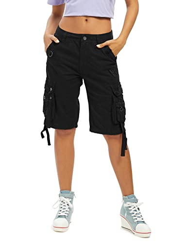 Aeslech Women's Loose Fit Cargo Shorts with Multi Pockets Cotton Bermuda Shorts Casual Summer Hiking Black UK 14/Tag 32