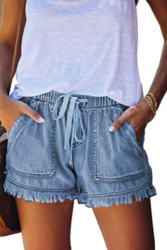 HVEPUO Women Mid Length Frayed Hem Denim Shorts Casual Wide Leg Lounge Drawstring Jeans Shorts 7 Inch Inseam Comfy Short Pants with Fringe Dark Blue L