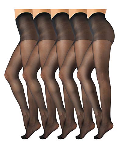 PACK 5 PAIRS Women Tights, Light Tights, Everyday Tights, Shiny Pantyhose, Sheer Women Tights, Gloss Finish Tights | Black, Skin | S, M, L, XL | Made in Italy (S, Black)
